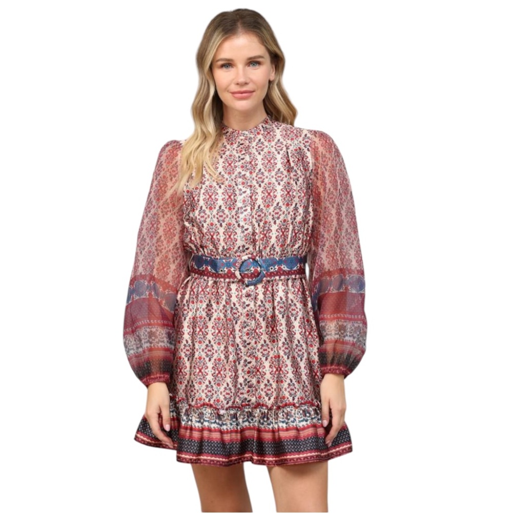 Fate Sheer Puff Long Sleeve Button Front Mini Dress SZ M NWT Missing Belt
